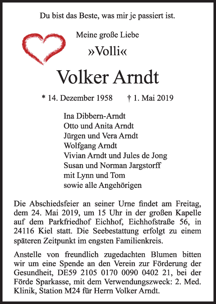  Traueranzeige für Volker Arndt vom 18.05.2019 aus Kieler Nachrichten