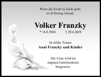 Traueranzeige von Volker Franzky von Märkischen Allgemeine Zeitung