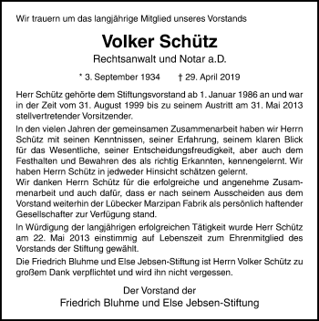 Traueranzeige von Volker Schütz von Lübecker Nachrichten