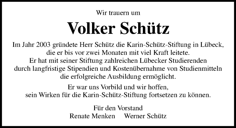  Traueranzeige für Volker Schütz vom 05.05.2019 aus Lübecker Nachrichten