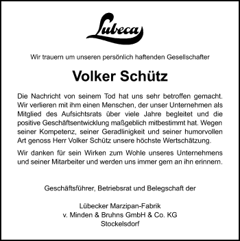 Traueranzeige von Volker Schütz von Lübecker Nachrichten