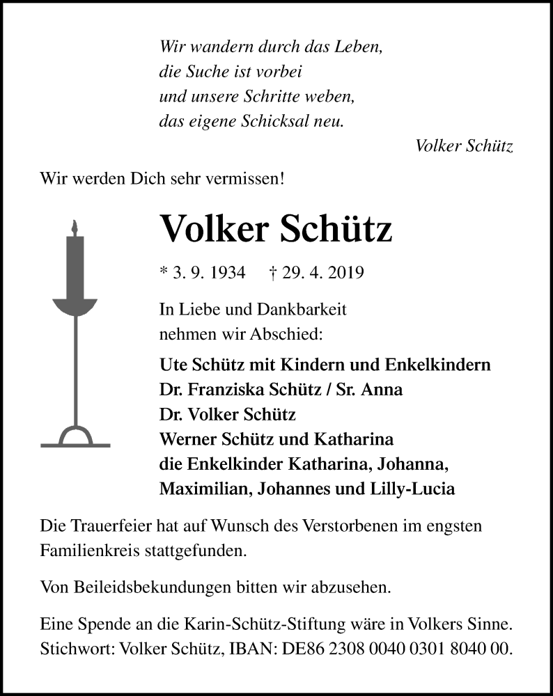  Traueranzeige für Volker Schütz vom 05.05.2019 aus Lübecker Nachrichten