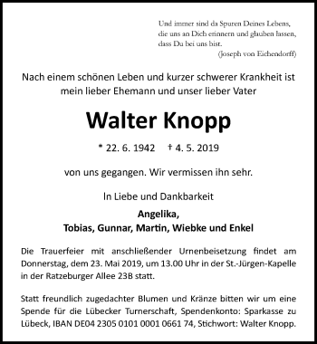 Traueranzeige von Walter Knopp von Lübecker Nachrichten