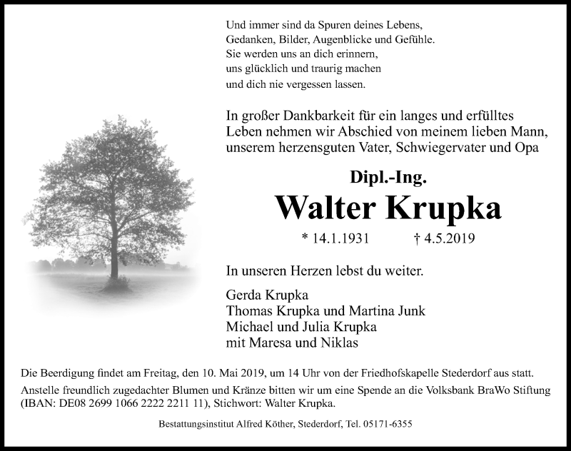  Traueranzeige für Walter Krupka vom 07.05.2019 aus Peiner Allgemeine Zeitung