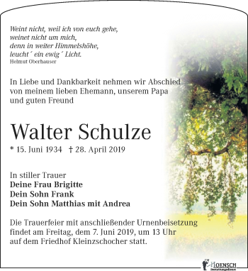 Traueranzeige von Walter Schulze von Leipziger Volkszeitung