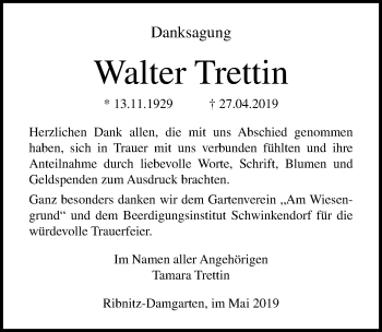 Traueranzeige von Walter Trettin von Ostsee-Zeitung GmbH