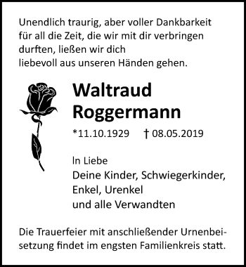 Traueranzeige von Waltraud Roggermann von Ostsee-Zeitung GmbH