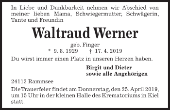 Traueranzeige von Waltraud Werner von Kieler Nachrichten