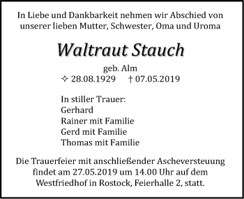 Traueranzeige von Waltraut Stauch von Ostsee-Zeitung GmbH