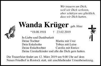 Traueranzeige von Wanda Krüger von Ostsee-Zeitung GmbH