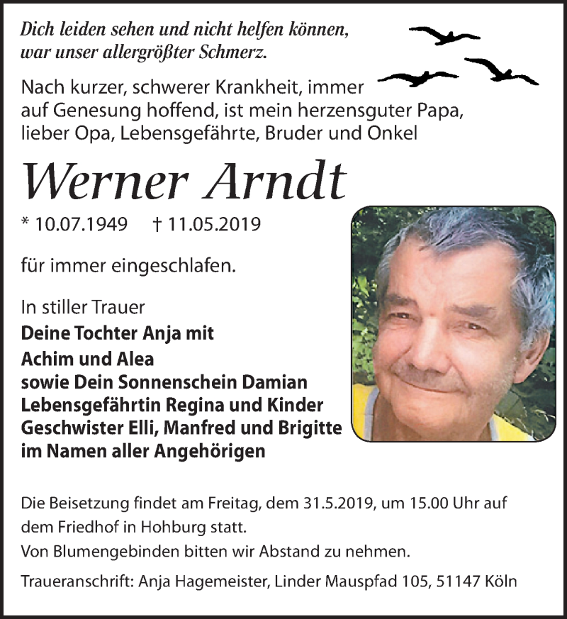 Traueranzeige für Werner Arndt vom 18.05.2019 aus Leipziger Volkszeitung