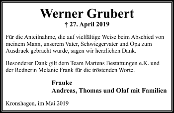 Traueranzeige von Werner Grubert von Kieler Nachrichten