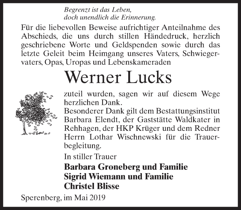  Traueranzeige für Werner Lucks vom 11.05.2019 aus Märkischen Allgemeine Zeitung