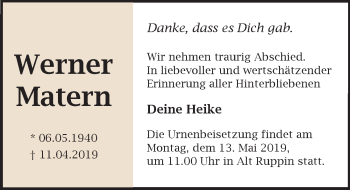 Traueranzeige von Werner Matern von Märkischen Allgemeine Zeitung