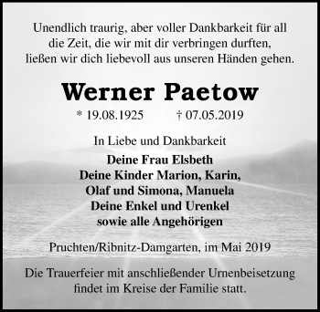 Traueranzeige von Werner Paetow von Ostsee-Zeitung GmbH