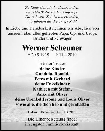 Traueranzeige von Werner Scheuner von Ostsee-Zeitung GmbH