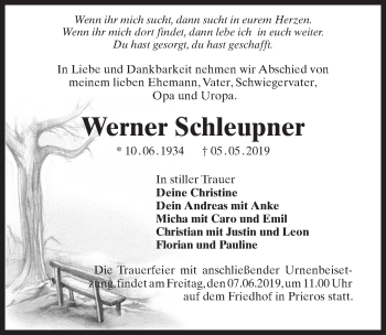 Traueranzeige von Werner Schleupner von Märkischen Allgemeine Zeitung