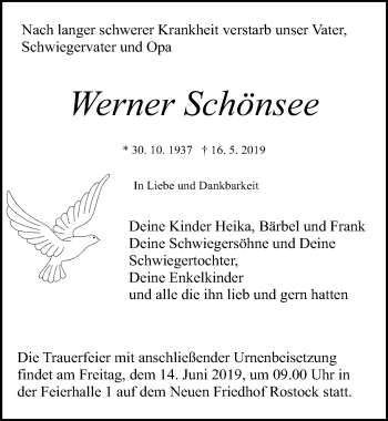 Traueranzeige von Werner Schönsee von Ostsee-Zeitung GmbH