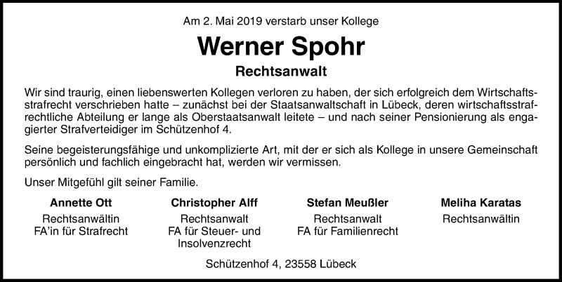  Traueranzeige für Werner Spohr vom 12.05.2019 aus Lübecker Nachrichten