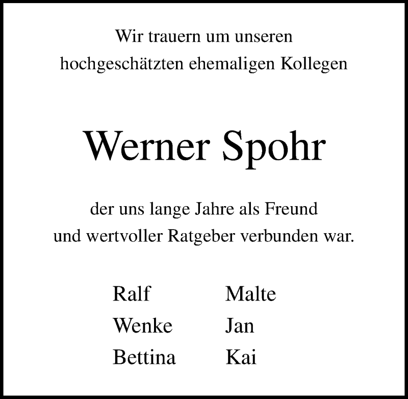  Traueranzeige für Werner Spohr vom 12.05.2019 aus Lübecker Nachrichten