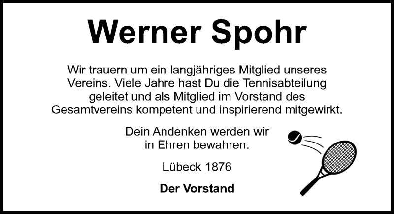  Traueranzeige für Werner Spohr vom 19.05.2019 aus Lübecker Nachrichten