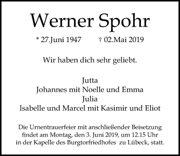 Traueranzeige von Werner Spohr von Lübecker Nachrichten