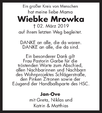 Traueranzeige von Wiebke Mrowka von Hannoversche Allgemeine Zeitung/Neue Presse