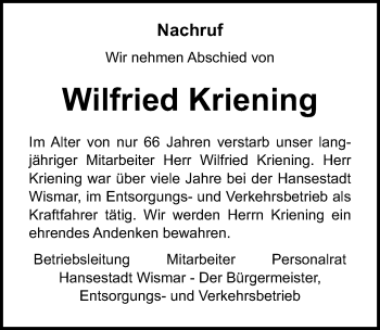 Traueranzeige von Wilfried Kriening von Ostsee-Zeitung GmbH