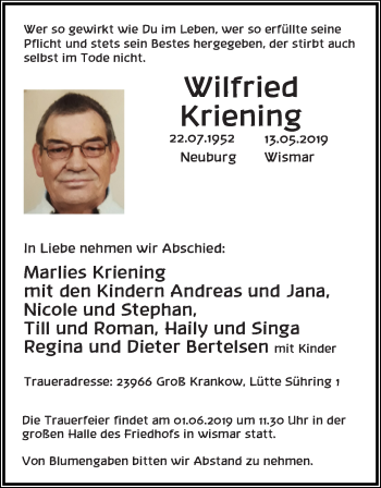 Traueranzeige von Wilfried Kriening von Ostsee-Zeitung GmbH