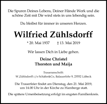 Traueranzeige von Wilfried Zühlsdorff von Lübecker Nachrichten