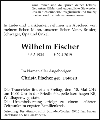 Traueranzeige von Wilhelm Fischer von Hannoversche Allgemeine Zeitung/Neue Presse