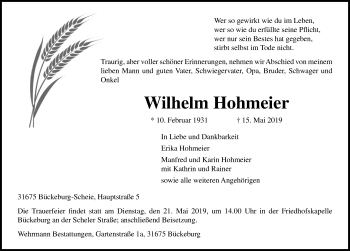 Traueranzeige von Wilhelm Hohmeier von Schaumburger Nachrichten