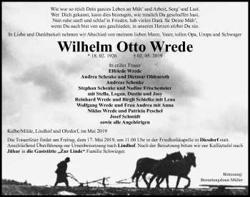 Traueranzeige von Wilhelm Otto Wrede von Aller Zeitung