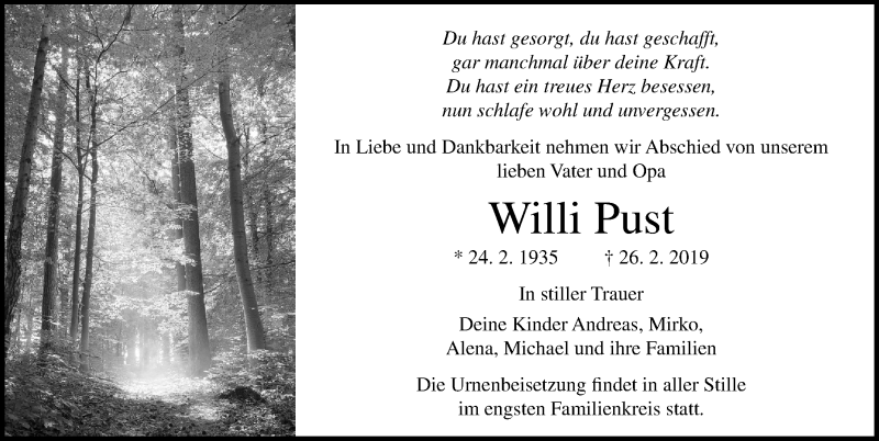  Traueranzeige für Willi Pust vom 02.03.2019 aus Ostsee-Zeitung GmbH