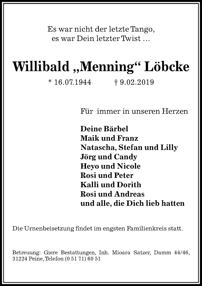  Traueranzeige für Willibald Menning Löbcke vom 02.03.2019 aus Peiner Allgemeine Zeitung