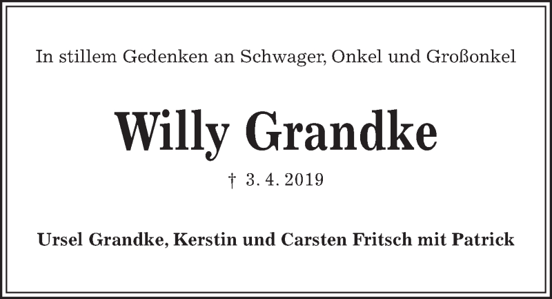  Traueranzeige für Willy Grandke vom 20.04.2019 aus Kieler Nachrichten