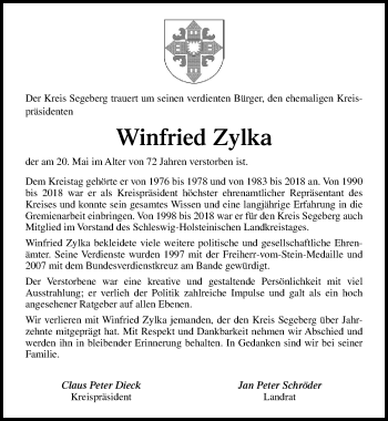 Traueranzeige von Winfried Zylka von Lübecker Nachrichten