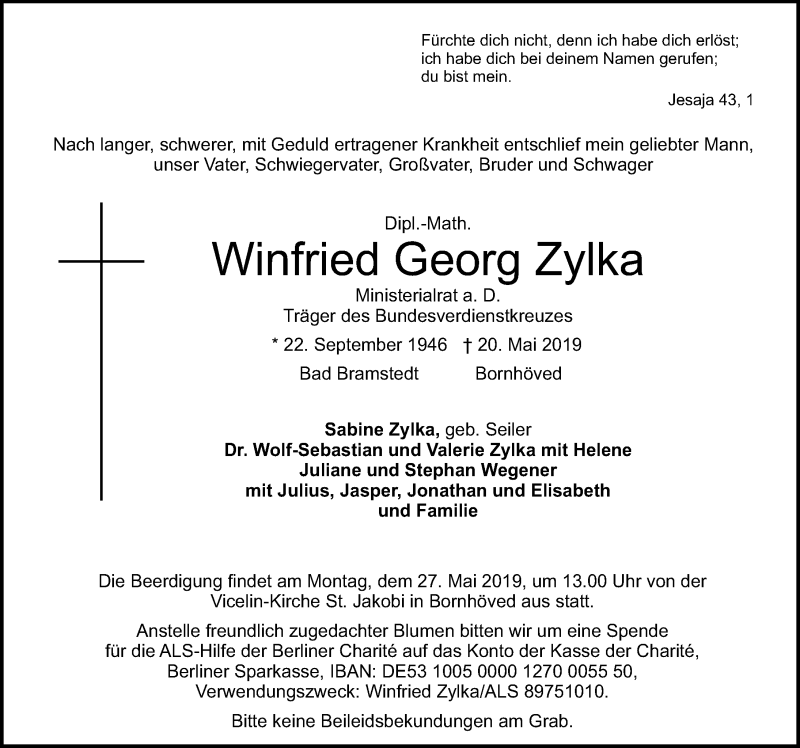  Traueranzeige für Winfried Georg Zylka vom 22.05.2019 aus Lübecker Nachrichten
