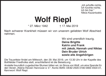 Traueranzeige von Wolf Riepl von Hannoversche Allgemeine Zeitung/Neue Presse