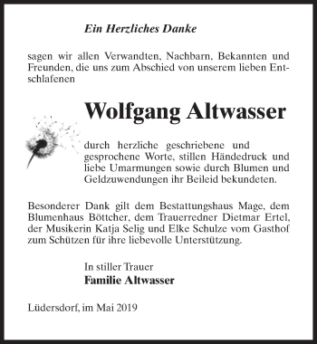 Traueranzeige von Wolfgang Altwasser von Märkischen Allgemeine Zeitung