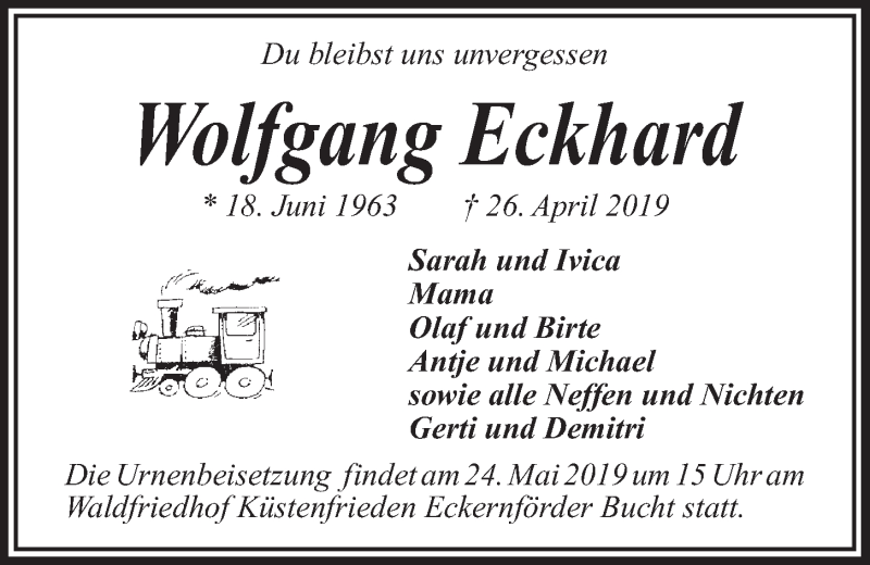  Traueranzeige für Wolfgang Eckhard vom 18.05.2019 aus Kieler Nachrichten