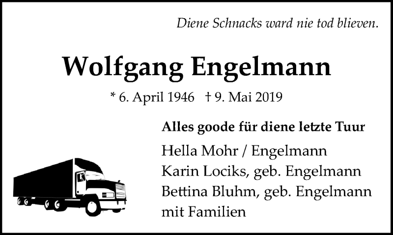  Traueranzeige für Wolfgang Engelmann vom 19.05.2019 aus Lübecker Nachrichten