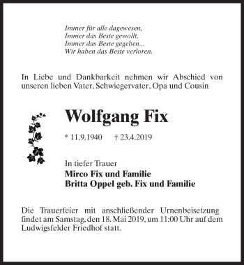 Traueranzeige von Wolfgang Fix von Märkischen Allgemeine Zeitung