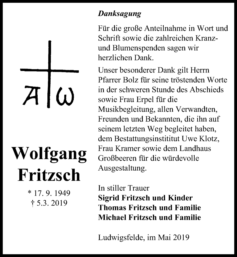  Traueranzeige für Wolfgang Fritzsch vom 04.05.2019 aus Märkischen Allgemeine Zeitung