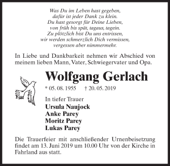 Traueranzeige von Wolfgang Gerlach von Märkischen Allgemeine Zeitung