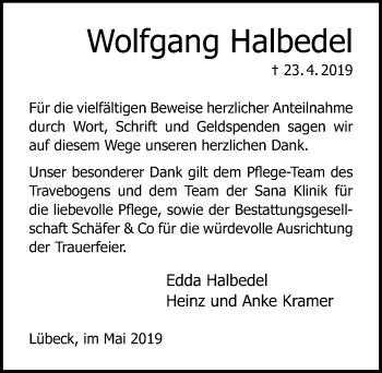 Traueranzeige von Wolfgang Halbedel von Lübecker Nachrichten