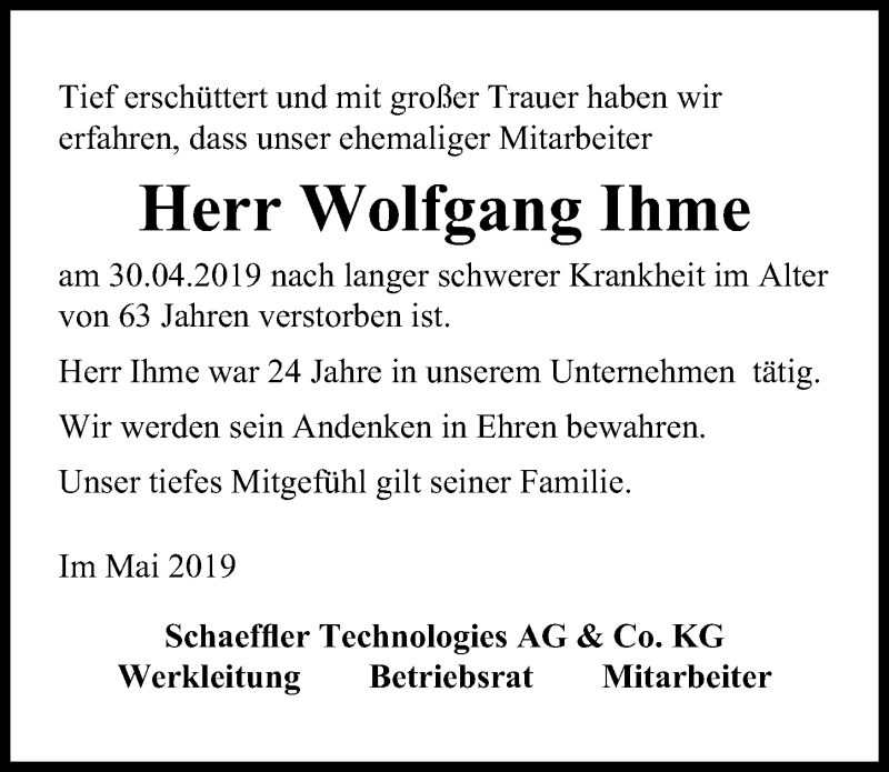  Traueranzeige für Wolfgang Ihme vom 11.05.2019 aus Märkischen Allgemeine Zeitung