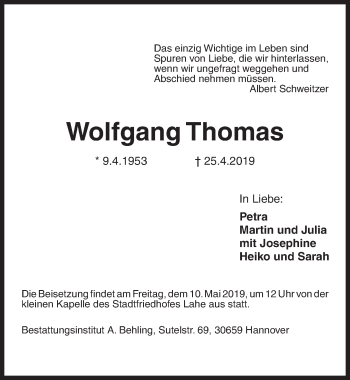 Traueranzeige von Wolfgang Thomas von Hannoversche Allgemeine Zeitung/Neue Presse