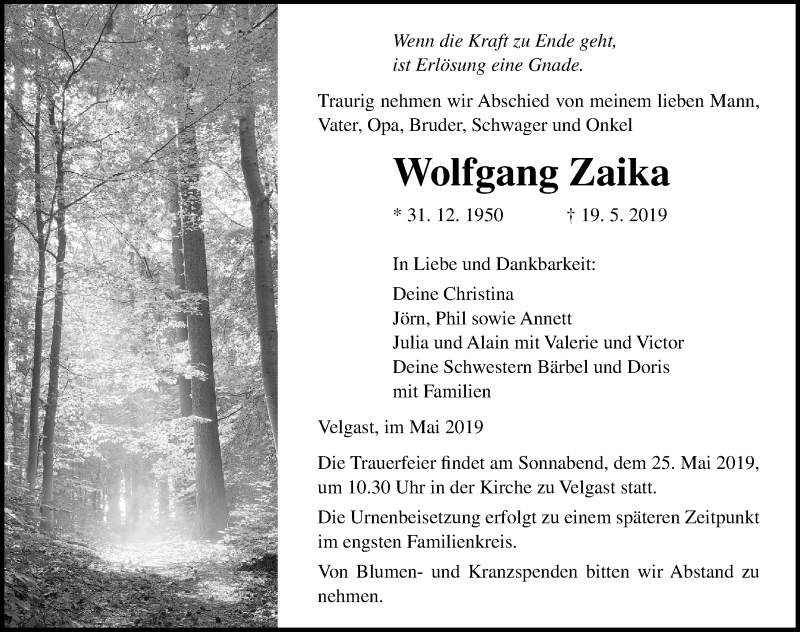  Traueranzeige für Wolfgang Zaika vom 22.05.2019 aus Ostsee-Zeitung GmbH