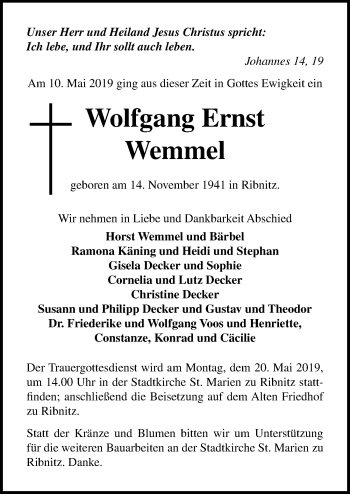 Traueranzeige von Wolfgang Ernst Wemmel von Ostsee-Zeitung GmbH